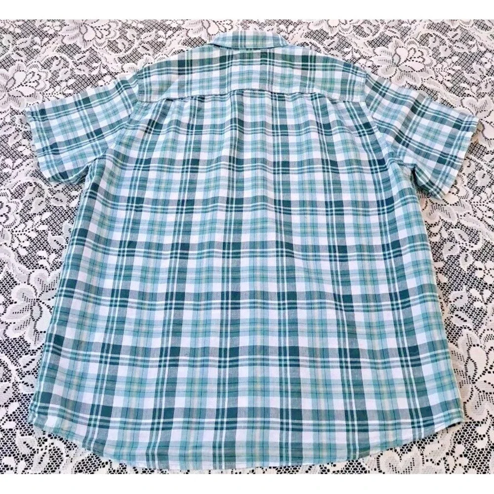 Alesbury Shirt Men's Lg Button‎ Up Green Plaid Short Sleeve Linen Cotton Blend